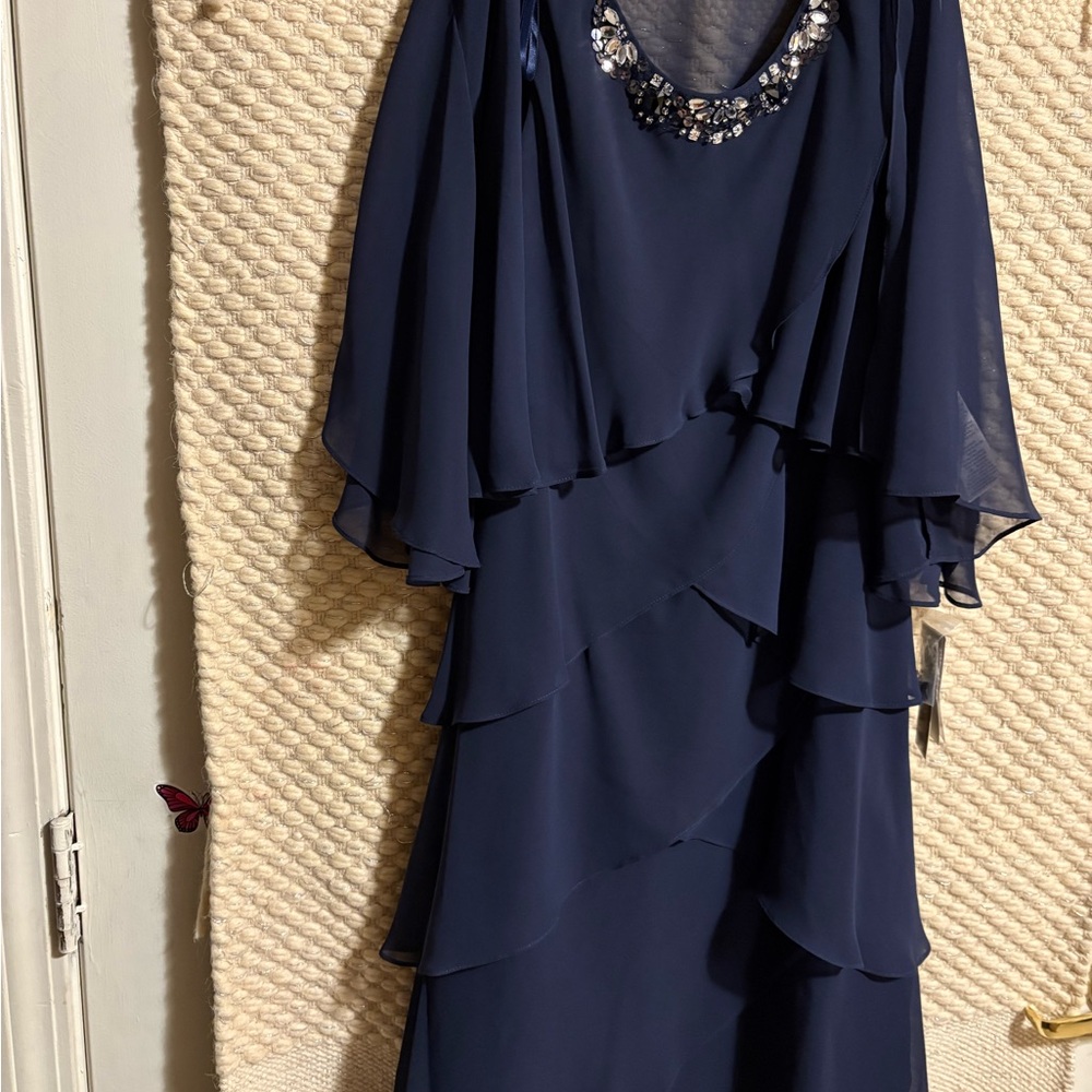 Blue Tiered Ruffled Gown with Flutter Sleeves
